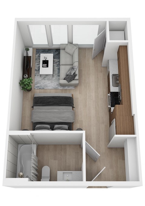 a stylized floor plan with a bedroom and a living room